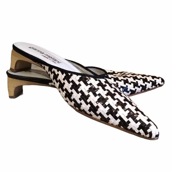 Gianna Meliani Black White Woven Low Wood Heels - Picture 1 of 15